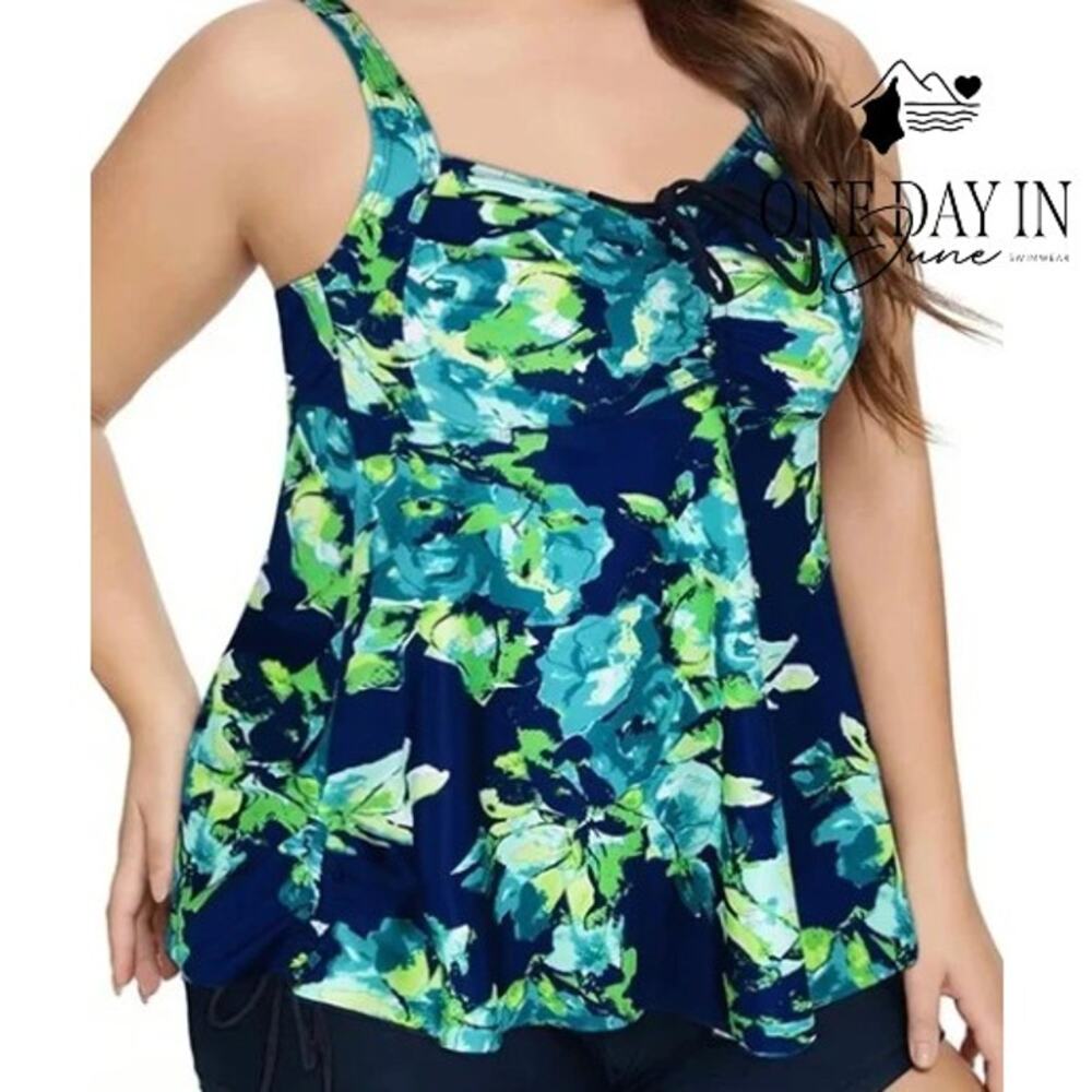 Septangle Floral Boyshort Tankini Swimsuit Blue Green Navy NWT Size 12